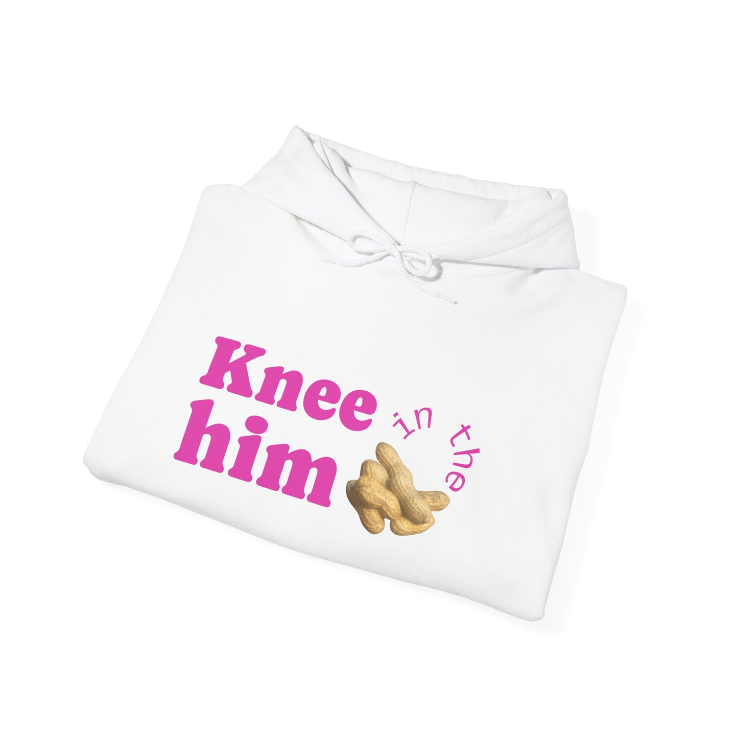 Knee Him Hoodie — Pink Text & Hand Graphic Cozy Pullover