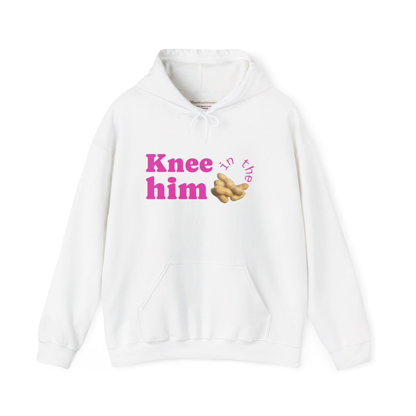 Knee Him Hoodie — Pink Text & Hand Graphic Cozy Pullover